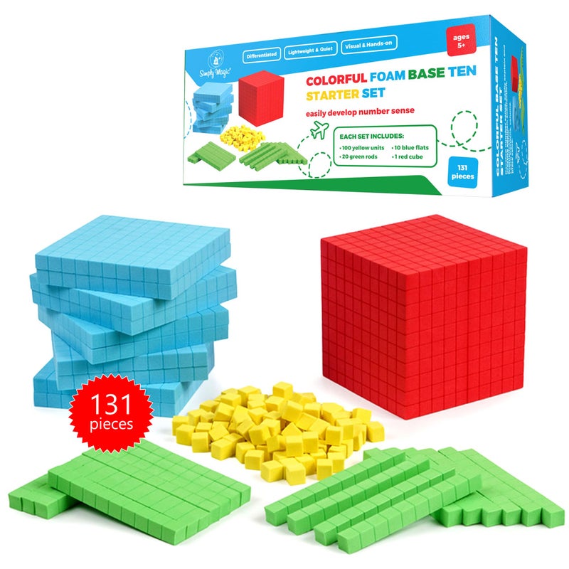Simply magic 131 PCS Foam Base Ten Blocks for Math - Place Value Blocks, Base 10 Math Manipulatives K-3, Math Counters, Number Blocks, Math Cubes, Counting Blocks - Kindergarten 1st 2nd 3rd Grade - Image 1
